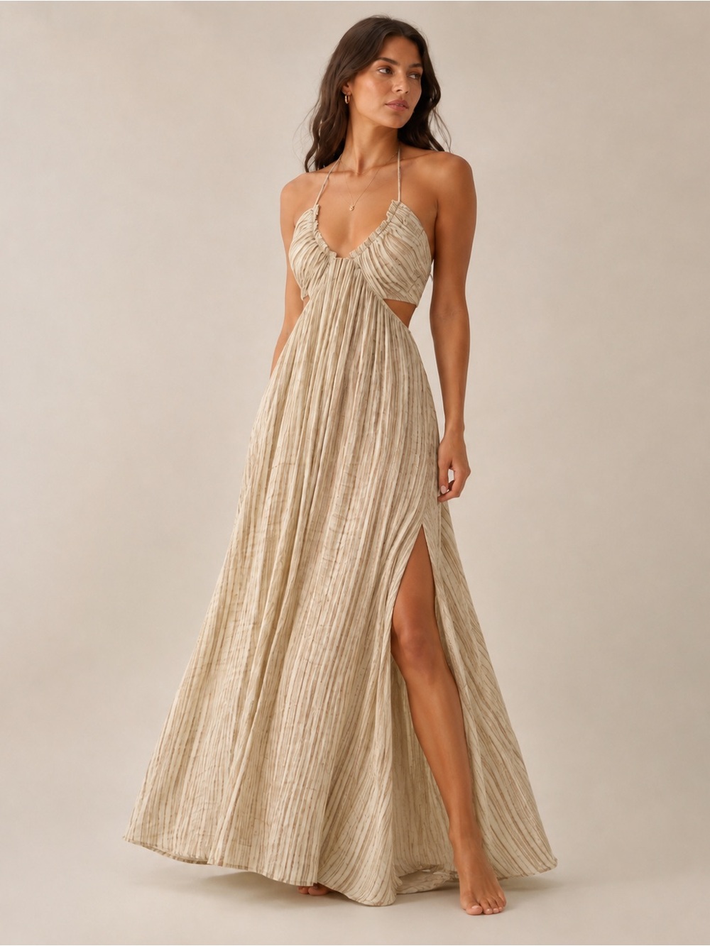 Promessa Women’s Cream Striped Maxi Dress with Spaghetti Straps